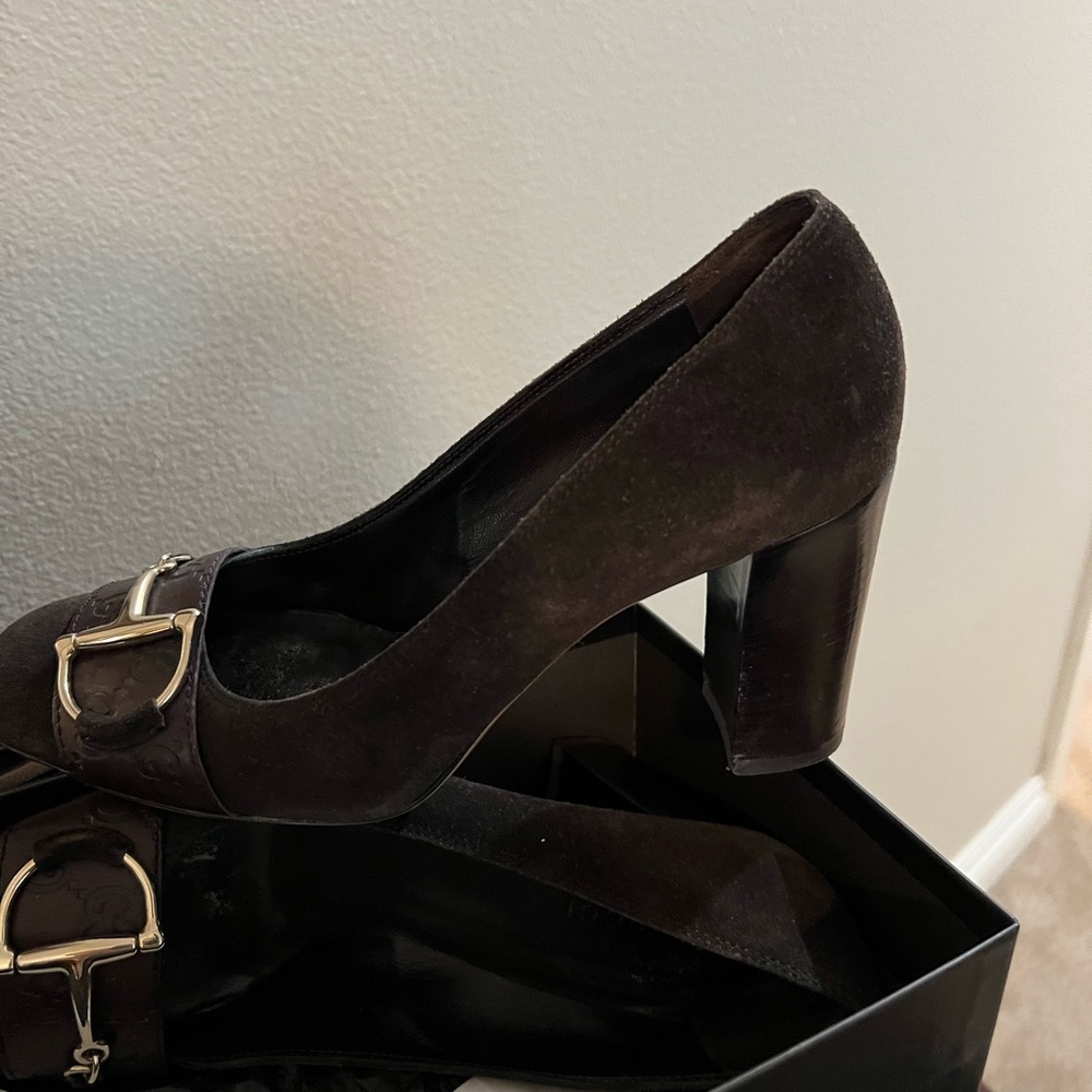 Gucci Chocolate Suede Heels with Silver Buckle